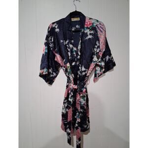 Vintage Oriental Village Silk Collection Blue Floral/Peacock Kimono Robe Small